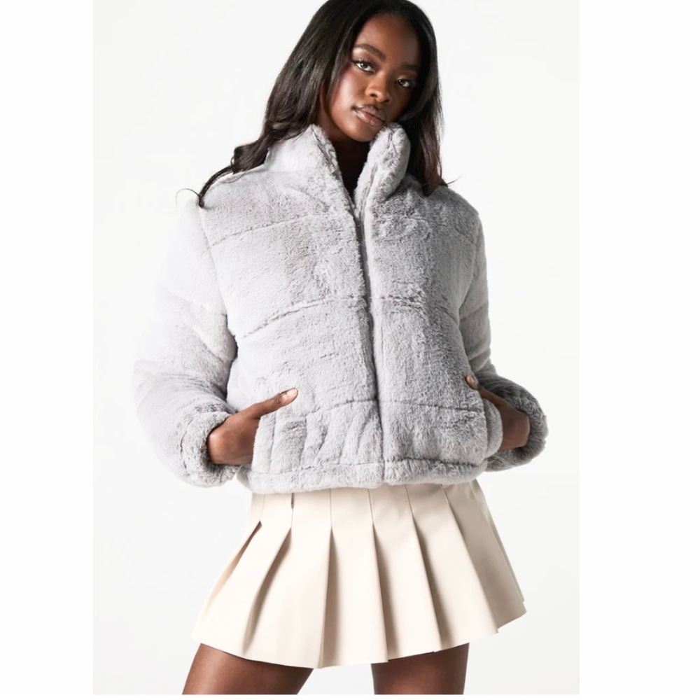 Y2K Charlotte Russ Fuzzy‎ Faux Fur Puffer Bomber Jacket Womens XL Gray